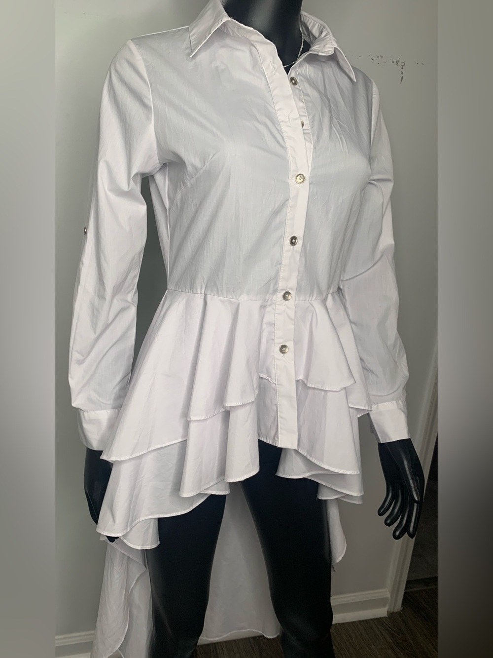 White Ruffled High-Low Button-Down Shirt - Picture 5 of 7
